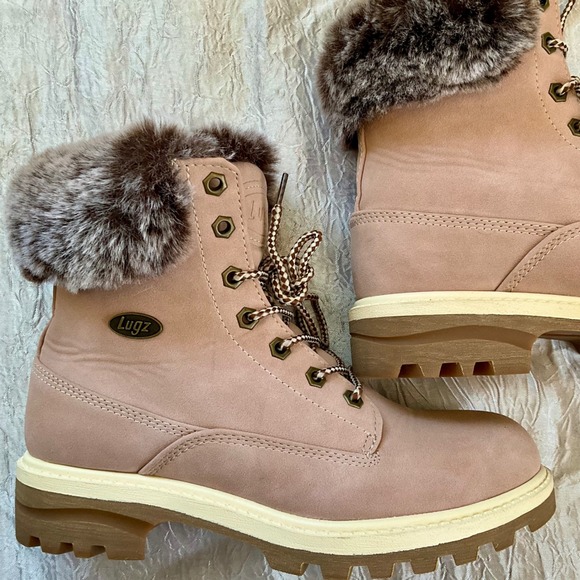 New WOT Lugz Empire Hi Fur Womens Boots Dusty Rose Pink Combat Moto Boots LaceUp - Picture 3 of 14